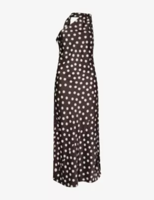 Satin One Shoulder Scarf Neck Polka Dot Midaxi Dress Brown