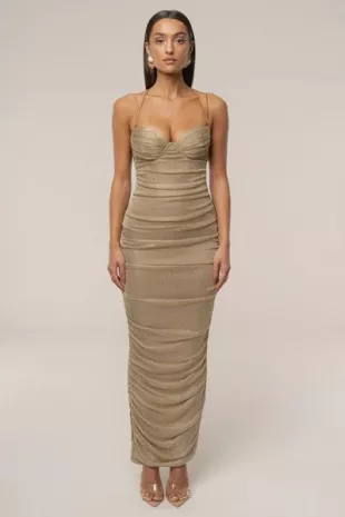 Gold Ruched Metallic Maxi Dress