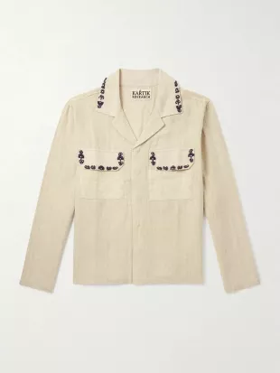 Camp-collar Embellished Embroidered Cotton Shirt