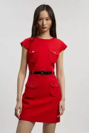 Textured Compact Stretch Tailored Belted Mini Dress