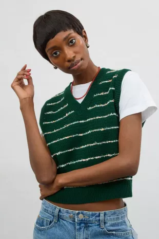 Green and ivory Flecked Stripe Sweater Vest