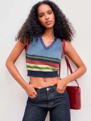 Knit V-neck Striped Crop Vest