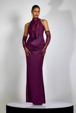 Evelyn Plunging Cowl Lace Bodice Maxi Dress