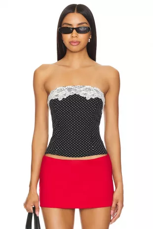 Black Polka Dot Lace Trim Strapless Top