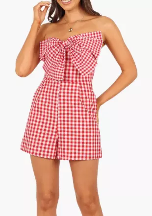 Red Gingham Strapless Bow Romper