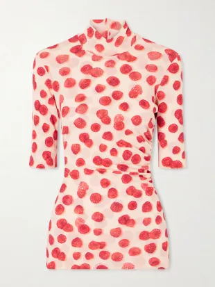 Gathered Printed Mesh T-shirt