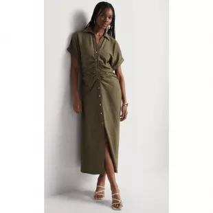 Womens Shirt Midi Linen Dress Large Green Ruched Collared