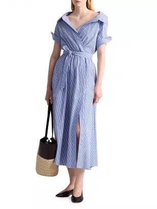 Lydia Stripe Cotton Wrap Shirtdress in Tidal Blue Stripe
