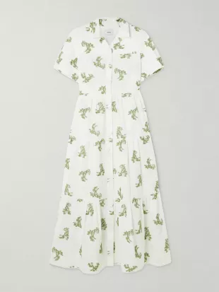 Embroidered Gathered Cotton Fil Coupé Midi Dress