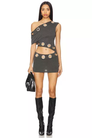 Grey Grommet One Shoulder Mini Dress