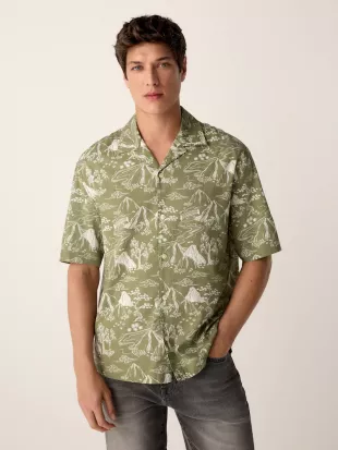 Green/White Western Style Printed Short Sleeve Shirt With Cuban Collar