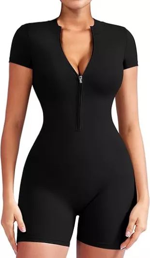 Women Short Sleeve Workout Jumpsuit Zip Up Romper