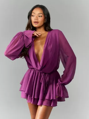 Designer Chiffon Long Sleeve Mini Wrap Dress