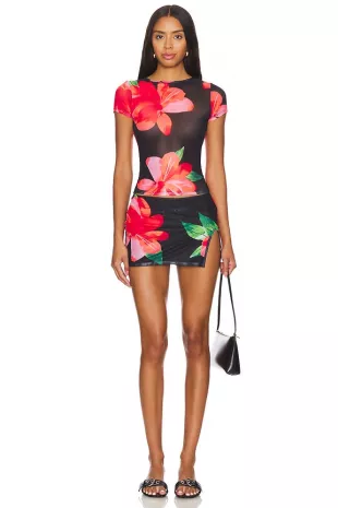 Black Floral Mesh Top and Skirt Set
