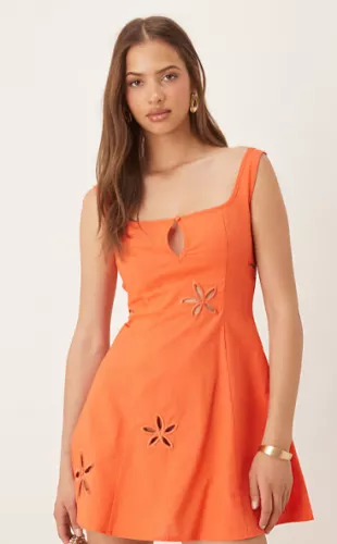 Linen Blend Square Neck Keyhole Flower Cutout Mini Dress