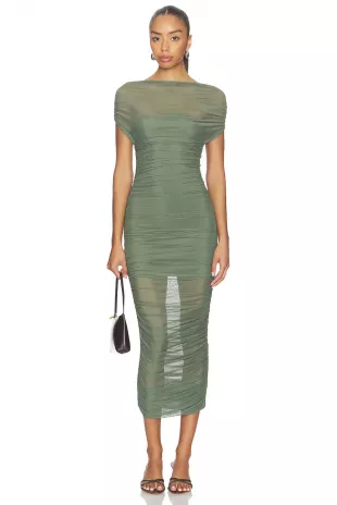 Green Off The Shoulder Mesh Midi Dress