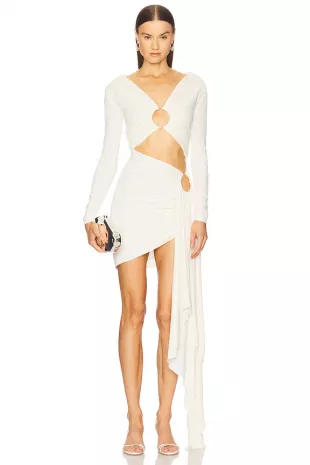 White Cutout Long Sleeve Draped Mini Dress