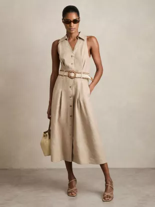 Linen Belted Sleeveless Midi Dress in Neutral