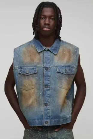 Relaxed Fit Studded Embellished Denim Vest