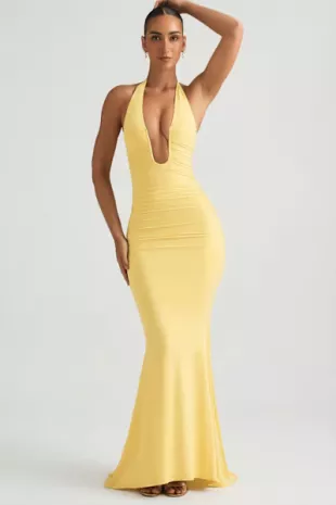 Laverna Ruched Backless Halterneck Gown in Pastel Yellow