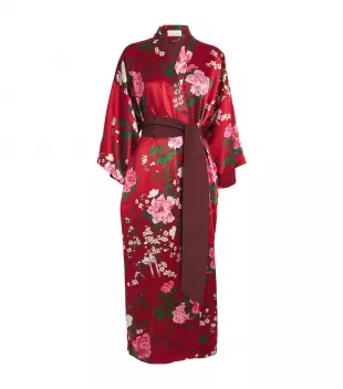 Burgundy Floral Silk Belted Robe