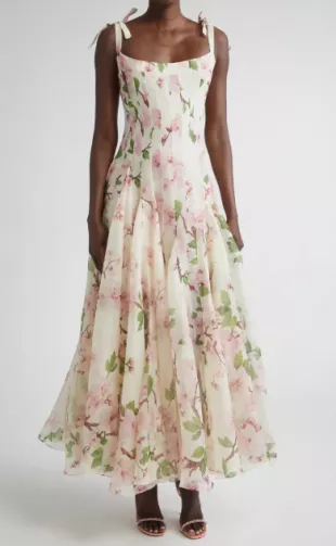 Cherry Blossom Print Pleated Organza