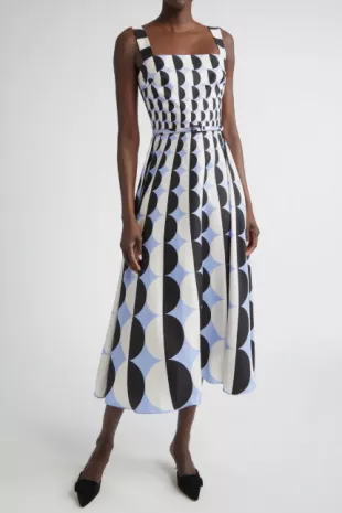Geo Print Silk Twill Belted Midi Dress