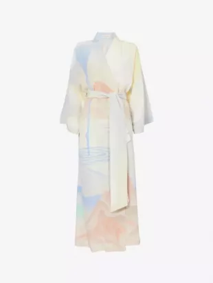 White Watercolor Print Silk Robe