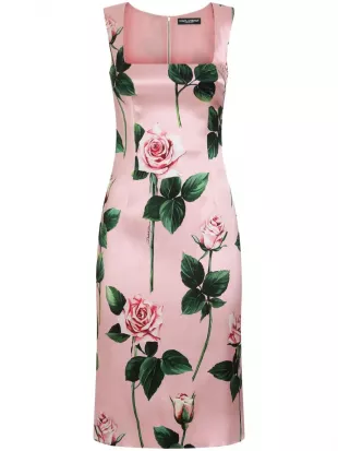Rose Floral Satin Cocktail Midi Dress