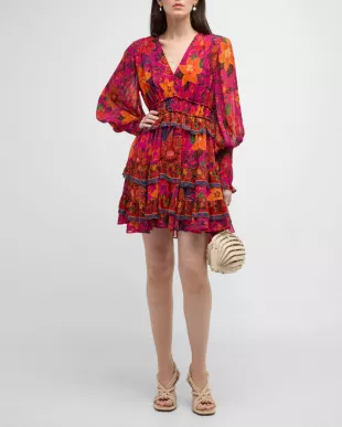 Tropical Tapestry Tiered Puff-Sleeve Mini Dress