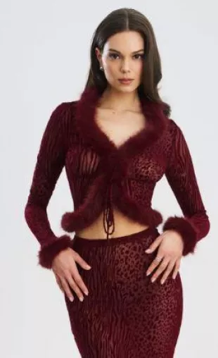 Halii Burnout Velvet Mesh Fur Trim Top