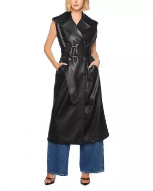 Sleeveless Faux Leather Trench Coat