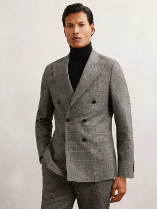 Charcoal Grey Jenson Wool Double-Breasted Check Tailored-Fit Suit Blazer