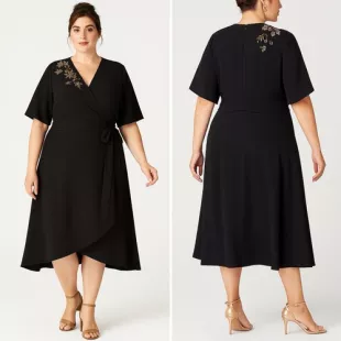 Black and Gold Floral Embroidery Midi Dress