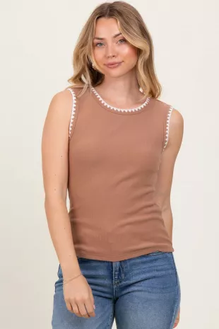 Black Ribbed Contrast Embroidered Sleeveless Top