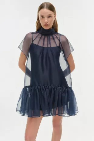 Navy Blue Short Sleeve Organza Mini Dress