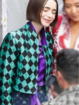 Emily In Paris S06 Lily Collins Diamond Print Cropped Jacket
