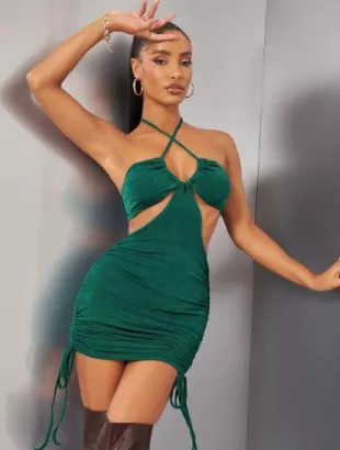 Backless Criss Cross Halterneck Cut Out Drawstring Side Bodycon Dress