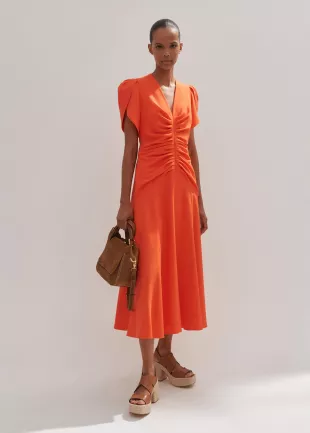 Orange Textured Pleat Front Midi Dress