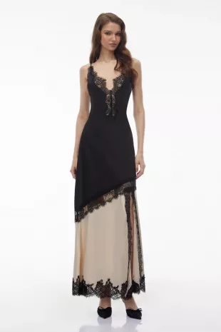 Miss Rosier Annabelle Black V-neck Lace Trim Panelled Slit Maxi Dress