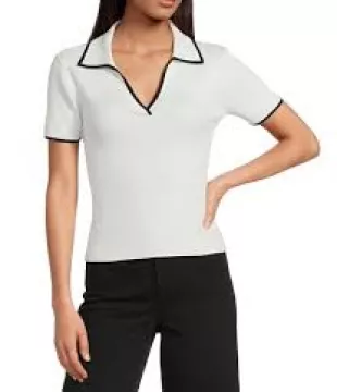 Contrast Ribbed V-Neck Collar Short Sleeve Blouse