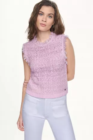 Sleeveless Tweed Fringe Trimmed Sweater