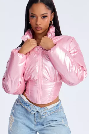 Outshine The Rest Patent Faux Leather Puffer Jacket