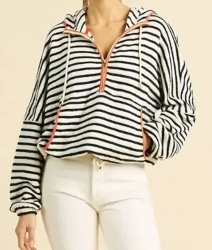 V-Neck Half Zip Striped Hoodie
