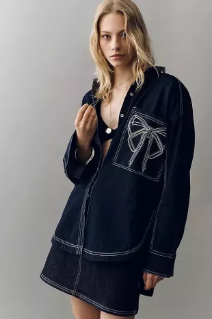 Denim Long-Sleeve Embroidered Bow Buttondown Shirt