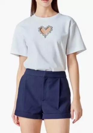 Rhinestone Trim Heart Cutout Relaxed Fit T-Shirt
