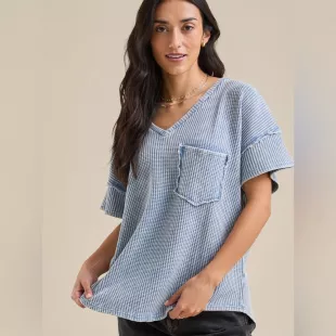 V neck Shirt Blue V Neck Women's Top