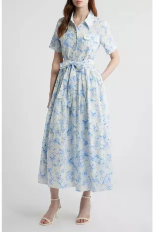 Printed Tie Belt Cotton Poplin Maxi Shirtdress