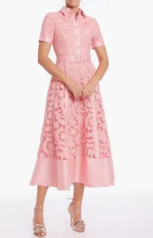 Belted Floral Lace & Mikado Cocktail Dress