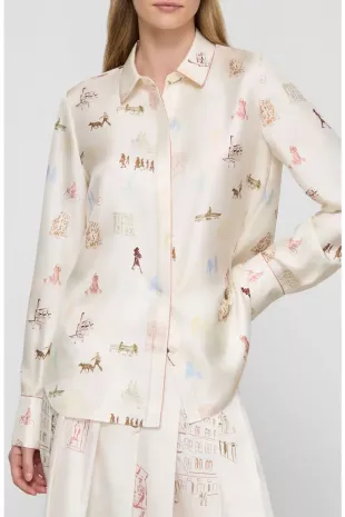 Scottie New Yorker Print Silk Twill Button-Up Shirt